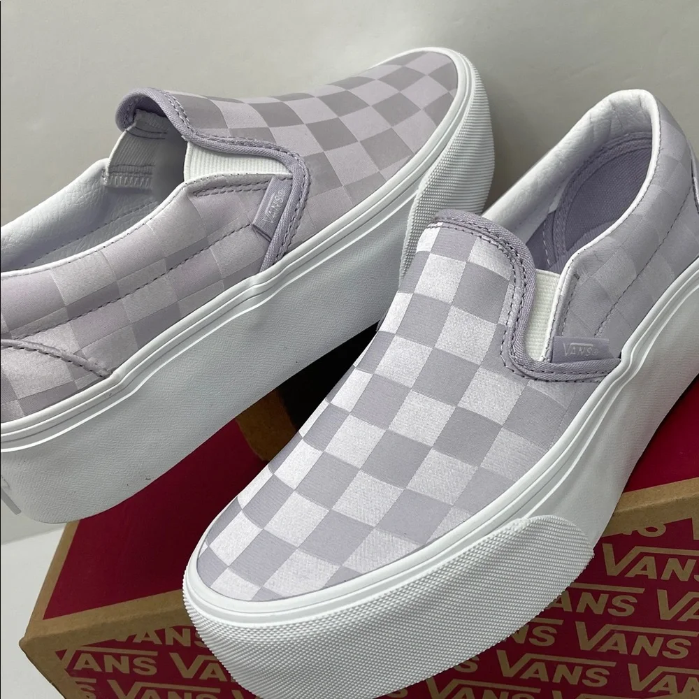 Vans Platform Sneakers Classic Slip-On Stackform Satin Checkerboard Lilac Lavand